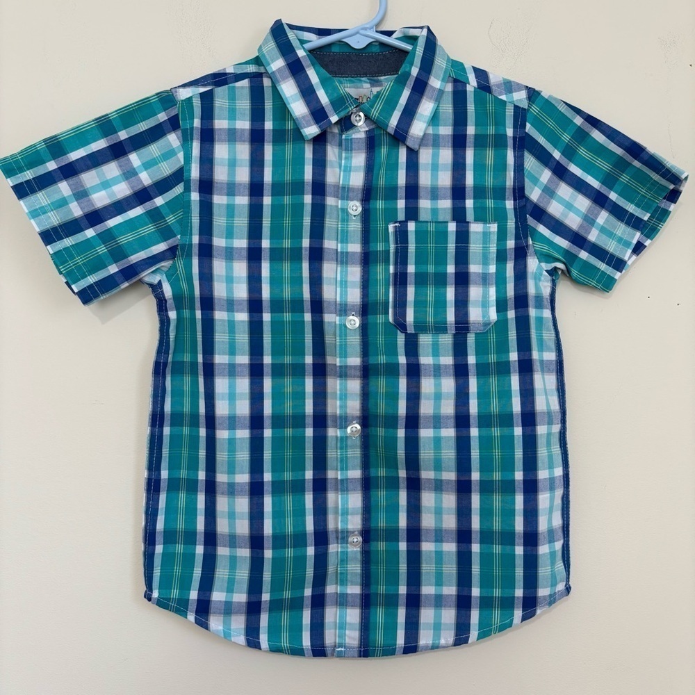 Kids Headquarters little Boys Blue Green Plaid Button Up Short Sleeve Shirt 5
